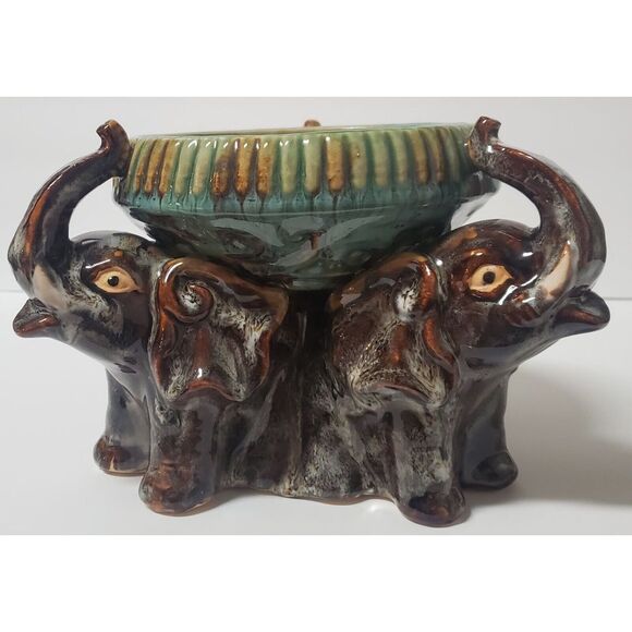 VTG Majolica Planter Chinese Elephant Trio Good Luck Symbol Rich Glaze MED Size - Picture 4 of 8